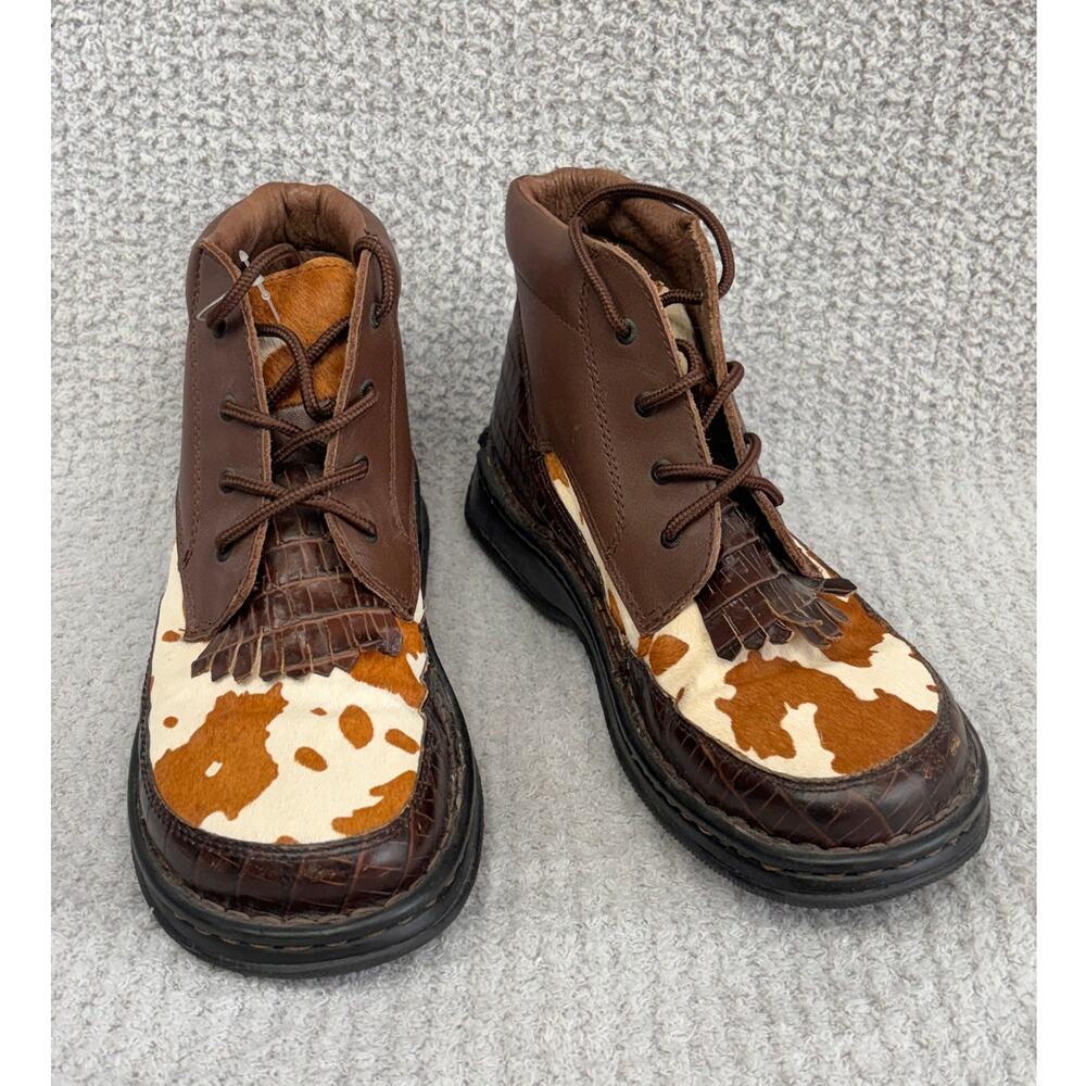 Women's Double H Brown Leather Calf Hair Ankle Boots Size 8M #81603